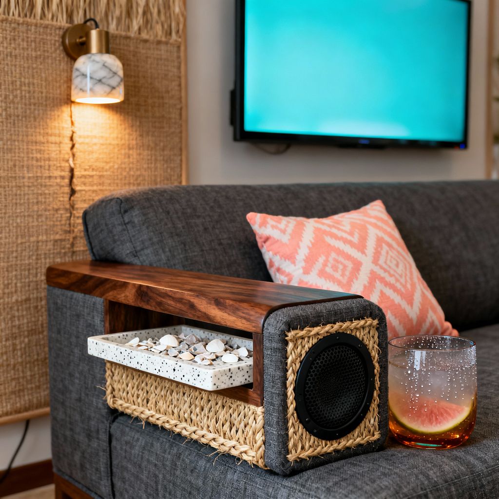 Close-up of a tropical media room sofa shows a charcoal-gray couch with a walnut armrest attachment that integrates a black speaker framed in rattan, a terrazzo tray filled with seashells, and a coral geometric pillow. Behind it, a brass wall sconce with a marble shade glows warmly against textured woven wall panels, while a wall-mounted TV displays a blue-green screen; a clear glass with a grapefruit slice sits on the armrest.