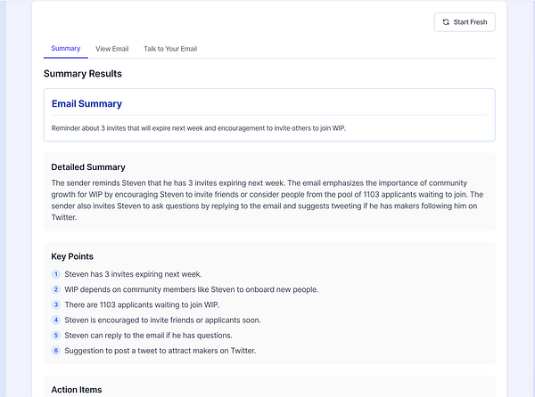 The image displays a summary of an email regarding invites and community engagement.