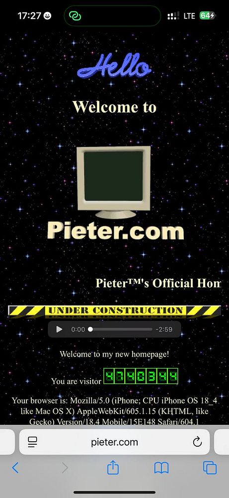 The image displays a mobile website interface for Pieter.com, indicating that the site is under construction.