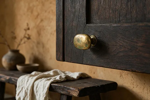 A close-up of a dark, weathered wooden cabinet with visible cracks and a small rounded brass knob. Below it, a rustic bench holds a draped off-white linen cloth, with a blurred earthen vase and bowl against a warm textured wall in the background.
