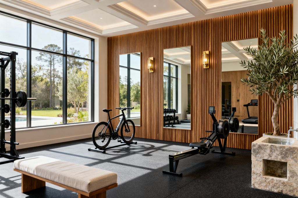 A sunlit home gym with floor-to-ceiling black-framed windows overlooks a garden and pool. Inside, a coffered ceiling with cove lighting illuminates a vertical slatted wood wall with three tall mirrors and brass sconces, black rubber flooring with a rower, a bicycle on a stand, a weight rack and linen-topped bench, plus a rough-hewn limestone sink and a potted tree.
