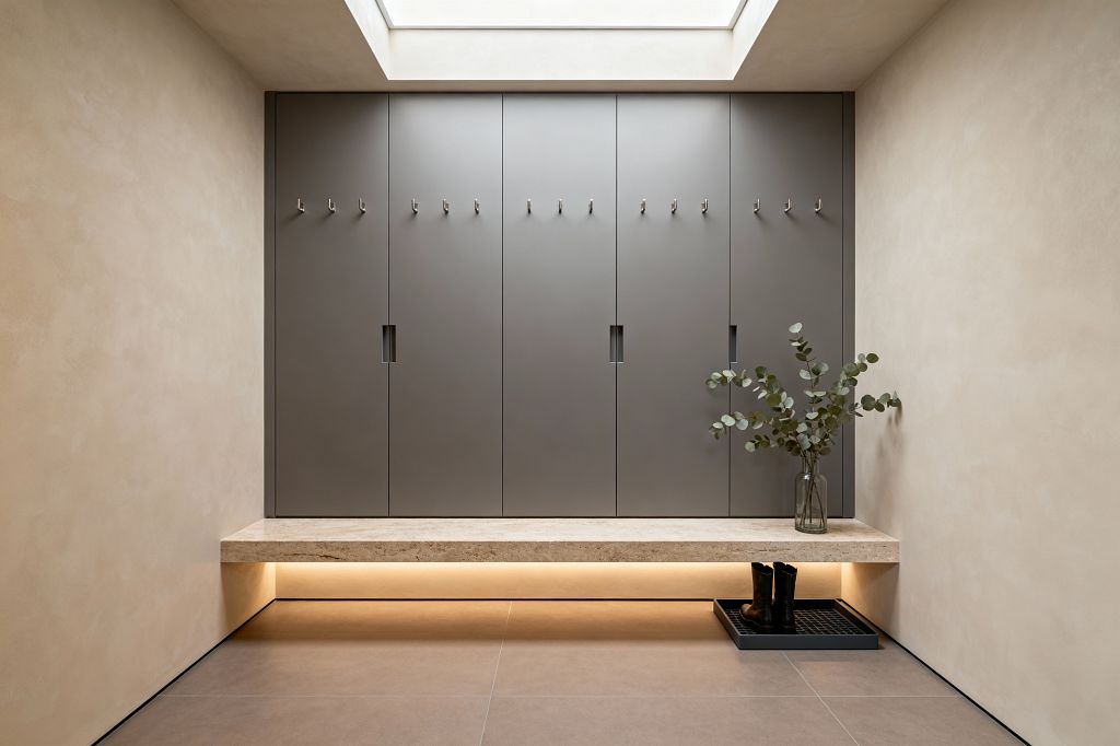 A minimalist mudroom with smooth beige plaster walls features a full-height bank of matte taupe-gray cabinet doors fitted with small brushed metal hooks and recessed pulls. A floating honed limestone bench with warm LED lighting beneath sits above large greige porcelain floor tiles. A black boot tray with boots rests under the bench, a clear glass vase with eucalyptus sits to the right, and a rectangular skylight above floods the space with daylight.