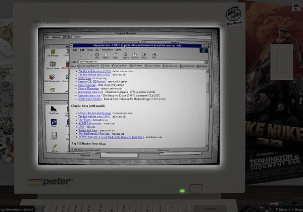 Screenshot of a website named Pieter.com featuring the text 'Pieter Cornet' and navigation links at the top with a visible CRT curvature effect.
