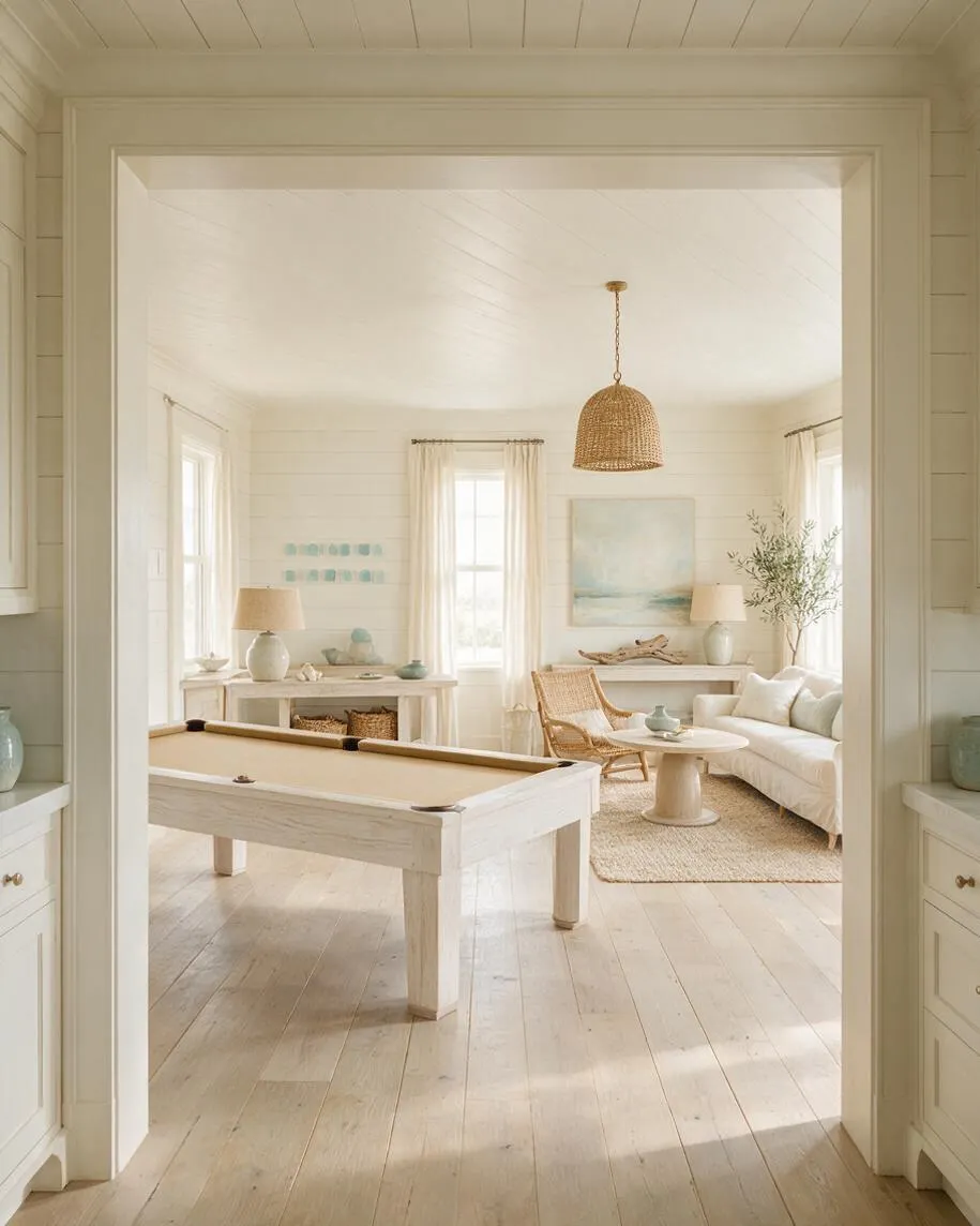 A bright coastal-style game room with a white pool table in the foreground, light wood floors, and soft cream walls. The room includes a woven rattan pendant, linen drapes, a white sofa, a wicker chair, pale artwork, and beachy decor in soft blue and sand tones.