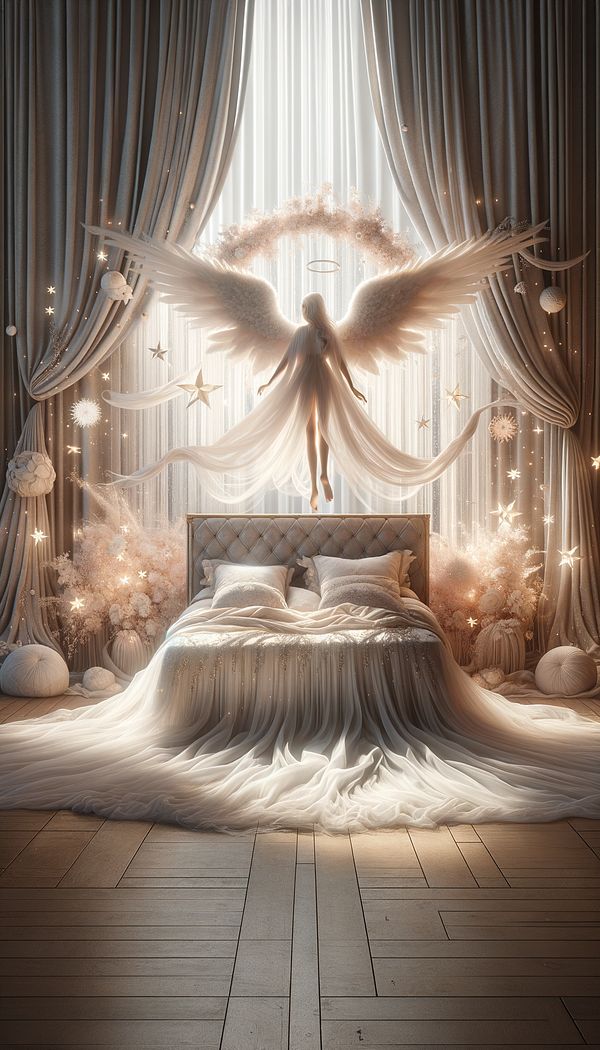 An ethereal and decorative Angel Bed featuring soft, flowing fabrics, gentle lighting, and celestial motifs.