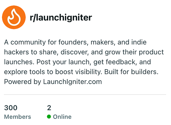 The image displays the Reddit community page for r/launchigniter, highlighting its member count and online activity.