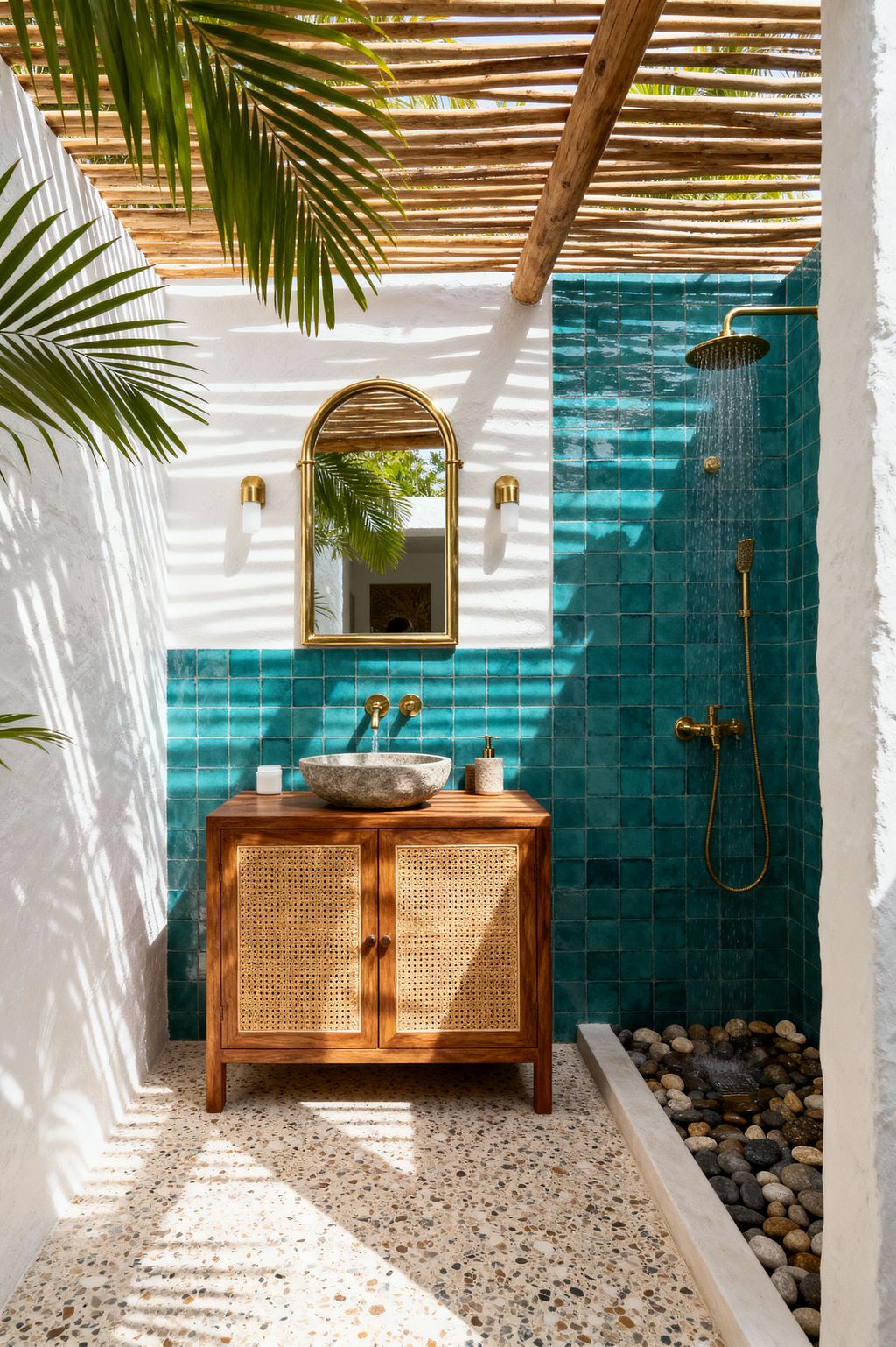 An open-air tropical bathroom with a slatted timber pergola casting striped shadows over white stucco walls. A wall of teal zellige tiles defines the vanity and shower zone, featuring a brass rain shower and hand sprayer. A warm wood cabinet with woven cane doors supports a gray stone vessel sink beneath an arched brass mirror and two small sconces. The floor is speckled terrazzo, and a shallow trough of smooth river stones collects water, with palm fronds framing the space.