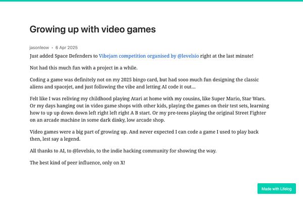 A blog post reflecting on the author's experiences growing up with video games and coding a game.