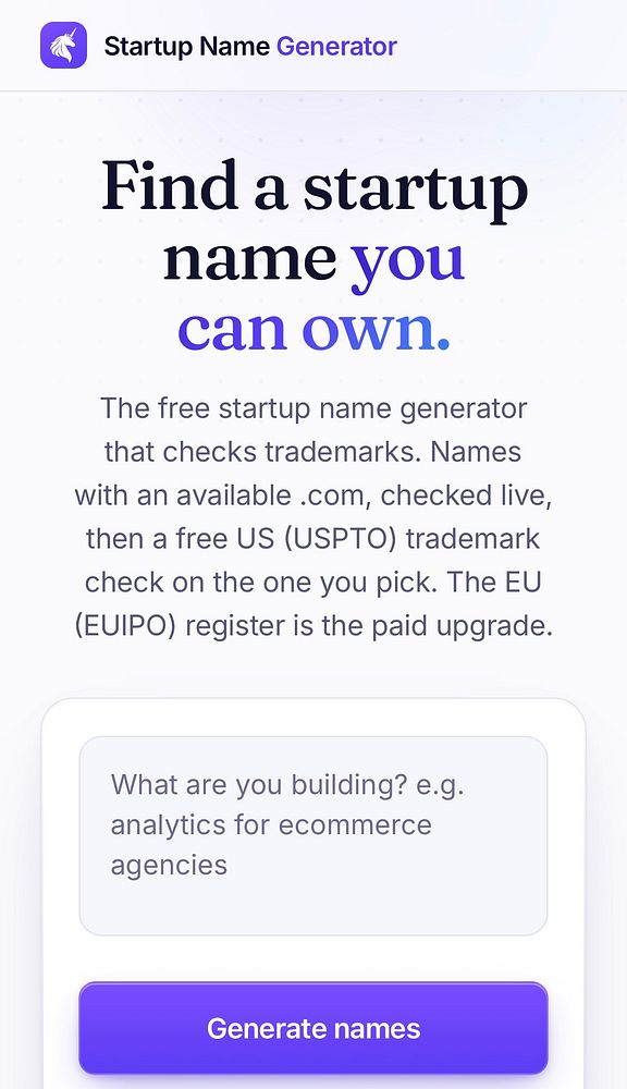 Screenshot of a name generation and trademark checking interface showing a sample career name and related trademark status.
