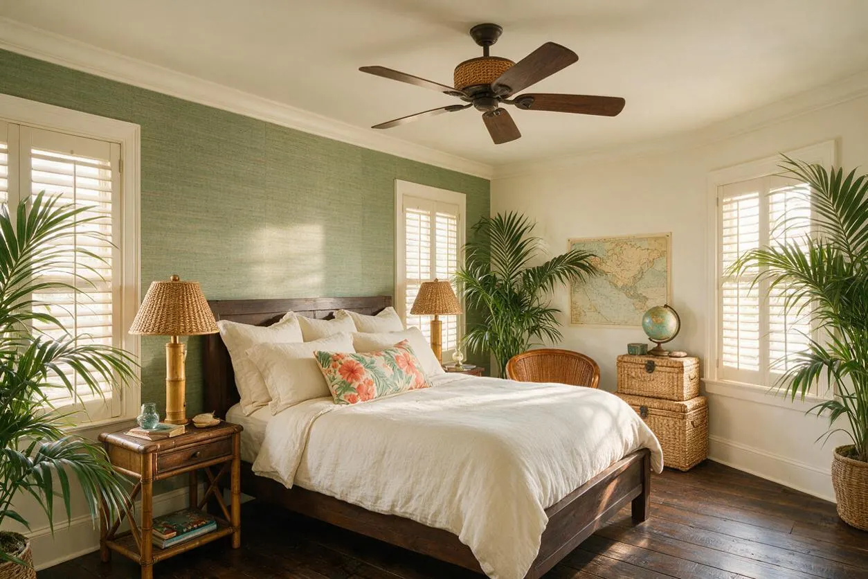A tropical-style master bedroom with a dark wood bed, white bedding, and floral accent pillow centered against a soft green textured wall. Rattan lamps, woven baskets, plantation shutters, and lush potted palms create a relaxed, airy retreat with warm natural light.