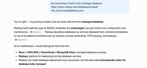 Screenshot showing a code editor with a SQL query involving the Railway database and messages about managing databases.