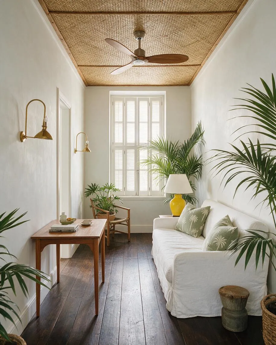 A narrow studio apartment with white plaster walls, dark wood floors, and a woven rattan ceiling framed in wood. A white sofa with palm-print pillows sits beside a bright yellow lamp, while potted palms and a woven chair add a lush tropical feel.