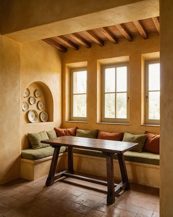 A Mediterranean-style sunroom with warm ochre stucco walls, three tall windows, and exposed wood ceiling beams. A built-in corner bench with olive green and rust cushions wraps around a dark wood table, while a recessed wall niche displays decorative ceramic plates.