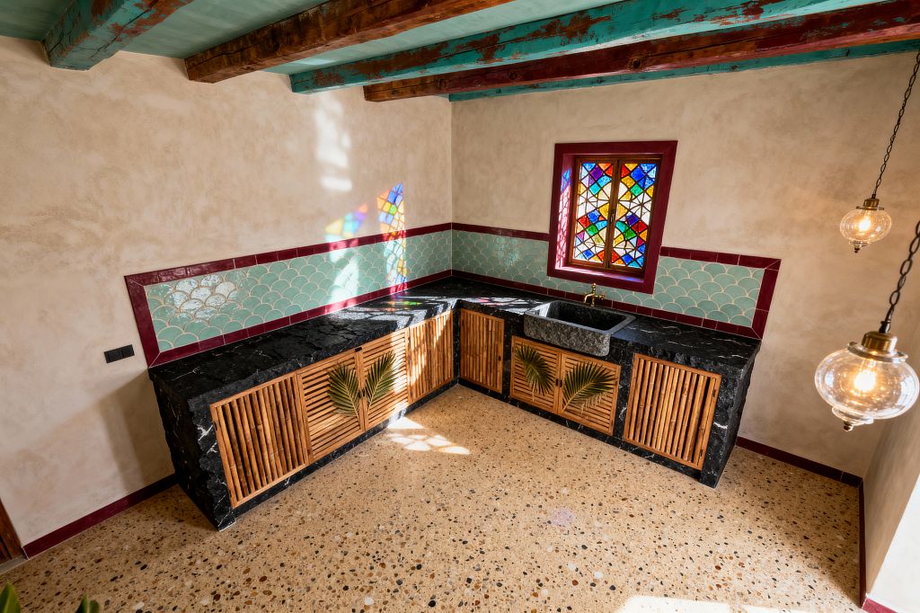A sunlit Moroccan-style kitchen with an L-shaped layout features a black marble countertop and a dark carved stone sink beneath a jewel-toned stained-glass window. Bamboo slatted cabinet fronts with palm motifs sit below a mint fish-scale zellige backsplash framed in burgundy, while warm beige tadelakt walls, a teal-painted ceiling with rustic wood beams, terrazzo flooring, and glass globe pendants with brass fittings complete the space.