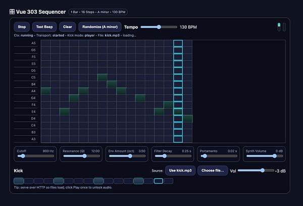 The image displays a digital audio sequencer interface for creating music patterns.