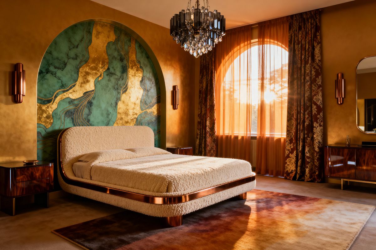 Room AI – Bouclé Bed with Teal-Gold Arched Mural - Interior Design
