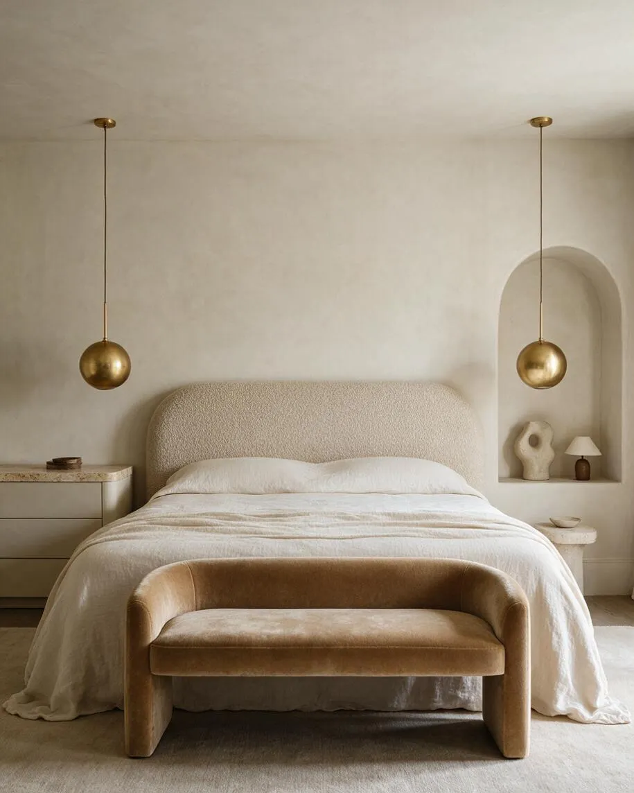 A modern master bedroom in soft neutral tones features a rounded upholstered bed, a velvet bench at the foot, and two brass globe pendant lights hanging on either side. The space includes a built-in wall niche with decor, a stone-topped dresser, and a calm minimalist aesthetic.