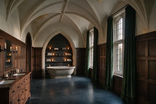 A Gothic-style master bathroom with ribbed vaulted ceilings, dark paneled walls, and a central stone bathtub set into an arched alcove. Wood cabinetry with dual sinks sits to the left, while tall windows with deep green velvet drapes line the right wall, and candlelight glows from shelves and wall sconces.