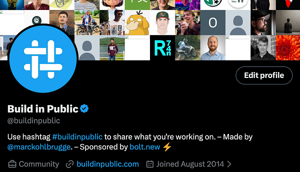 Screenshot of a website's top navigation bar with the logo and menu icons, featuring a stylized brand name with the words 'Build In Public' separated by spaces.