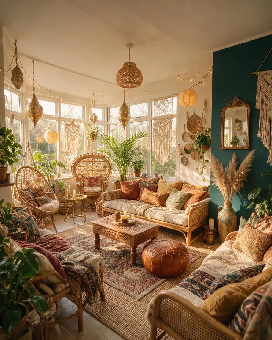 A bright sunroom with large wraparound windows, filled with rattan and wicker seating, patterned cushions, hanging woven pendant lights, macrame wall hangings, and many potted plants. A carved wooden coffee table, layered rugs, and a deep teal accent wall create a warm bohemian atmosphere.