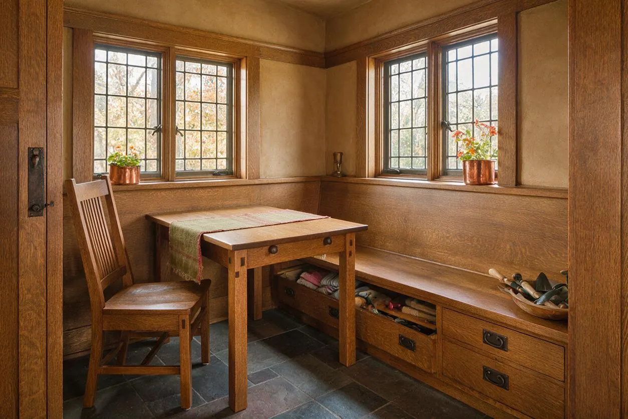 A cozy Craftsman-style patio room with rich wood paneling, built-in bench seating, a small wooden table, and a matching chair. Leaded-glass windows bring in soft daylight, while potted flowers and dark slate flooring add charm and warmth.