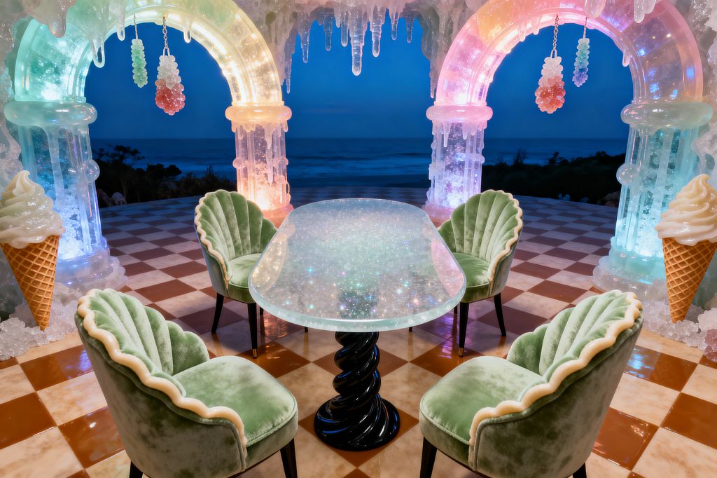 A whimsical dining scene features four scalloped mint-green velvet chairs with cream piping around an oval iridescent tabletop that sparkles like sugar, set on a glossy black twisted pedestal reminiscent of licorice. Two glowing pastel arches of translucent resin, dripping with icicle-like details and hung with rock-candy clusters, frame a twilight ocean view, while oversized soft-serve cone sculptures and a caramel-and-cream checkerboard tile floor complete the playful setting.