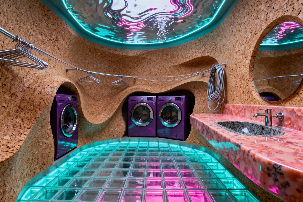 A psychedelic laundry room with undulating cork walls forms alcoves for three purple front-loading machines. A glass-block floor glows teal and magenta from LED lighting, mirrored by a liquid-like reflective ceiling; at right, a floating pink marbled resin vanity with an oval stone basin and chrome faucet sits below a round mirror, while stainless hanging rods with metal hangers and a coiled hose line the walls.