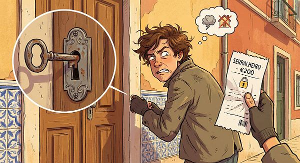 Photo of a gray front door with a classic Portuguese lock and mail slot.