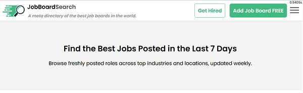 The image displays a webpage for JobBoardSearch, highlighting job postings from the last week.