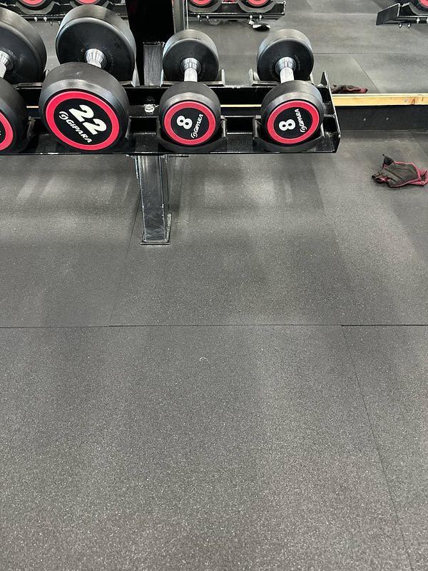 A close-up view of a dumbbell rack in a gym.