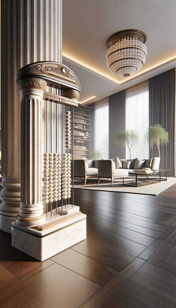 An elegant column with a detailed abacus on top in a modern living room setting, bridging classical and contemporary design elements.