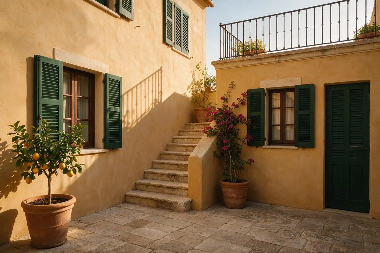 A sunlit Mediterranean courtyard with warm ochre stucco walls, stone paving, and a central staircase leading to an upper terrace. Green wooden shutters and doors frame the windows, while potted citrus trees and flowering bougainvillea add color and a relaxed, rustic feel.