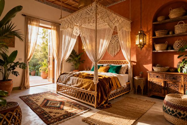 Sunlit bohemian bedroom with a rattan four-poster bed draped in macramé and sheer curtains. The bed is layered with linen bedding, a mustard velvet throw, and emerald pillows. Terracotta plaster walls hold a macramé wall hanging, a brass lantern pendant, and open shelves of woven baskets. A carved wood dresser and side table sit on a concrete floor with jute and kilim rugs. Large doors open to a patio with plants, while potted palms frame the space.