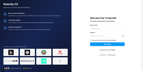 The image displays a dual layout featuring the Retently CX Ecommerce Customer Experience Platform and a sign-up form for a free trial.