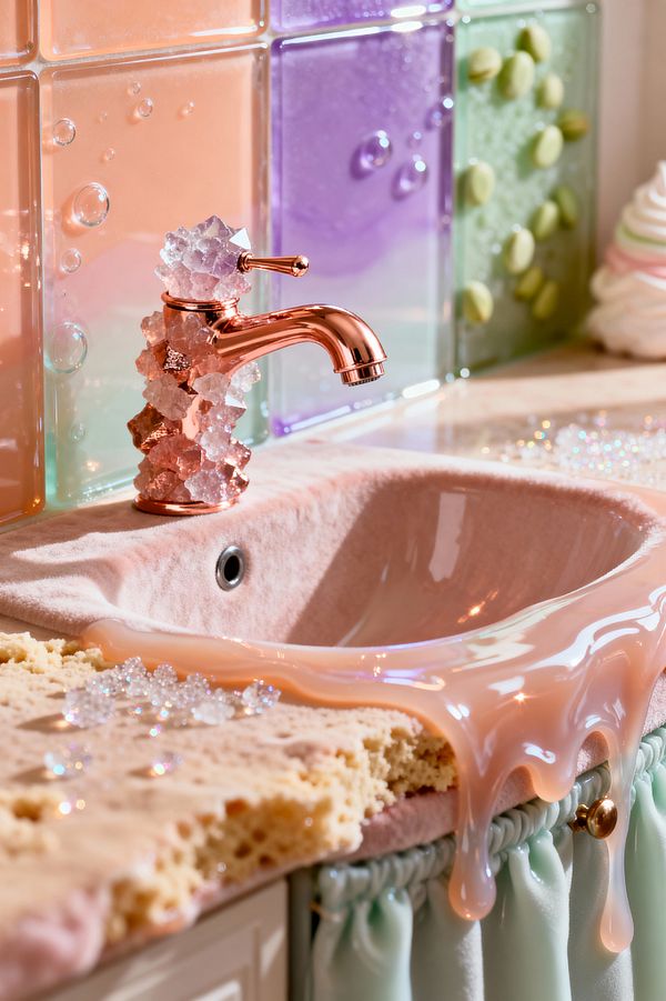 Close-up of a whimsical, candy-themed kitchen sink featuring a blush pink ceramic basin with a glossy, icing-like resin drip over a sponge-cake-textured counter. A rose-gold faucet is studded with clear crystal clusters and a faceted knob; pastel glass tiles in peach, lavender, and mint with bubble and oval reliefs form the backsplash, while a mint ruffled fabric skirt and scattered glass beads sparkle under soft light.