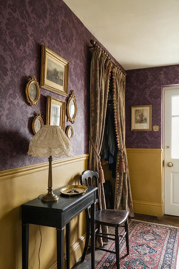 A Victorian-style entryway with deep purple damask wallpaper over mustard-yellow wainscoting, decorated with multiple gilt-framed pictures and oval mirrors. A black console table holds a lace-shaded lamp and tray, beside a dark wooden chair, while heavy patterned drapes frame a doorway and a richly colored rug covers the floor.