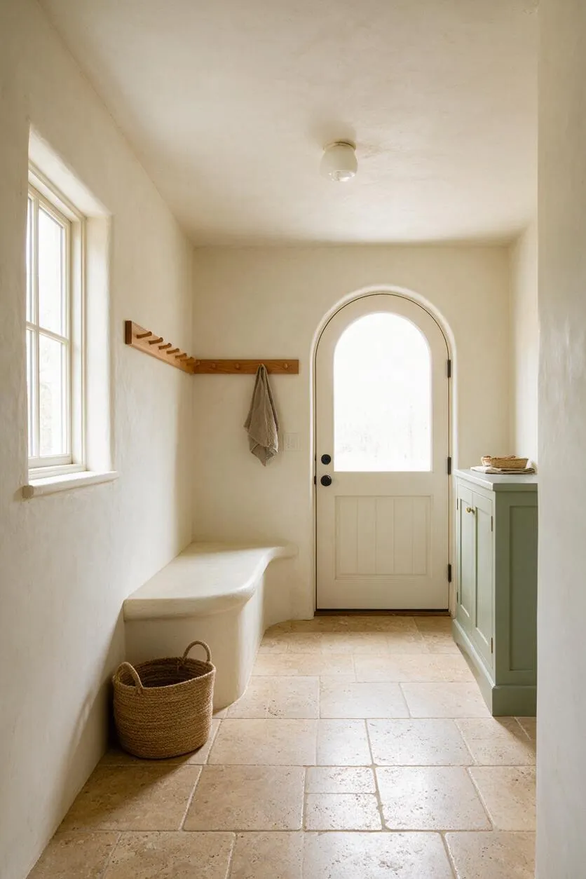 A narrow mudroom with plaster-like white walls, a stone tile floor, and a white arched front door with frosted glass. A built-in bench sits along one wall, with a woven basket on the floor, a simple wood coat rack, and a pale green storage cabinet on the right.