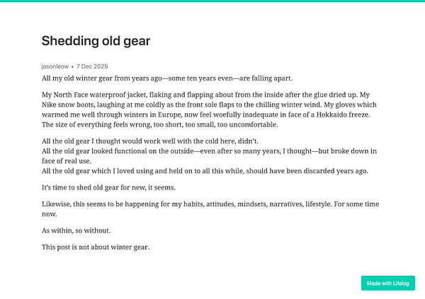 A reflective blog post discussing the deterioration of old winter gear and the need for change.