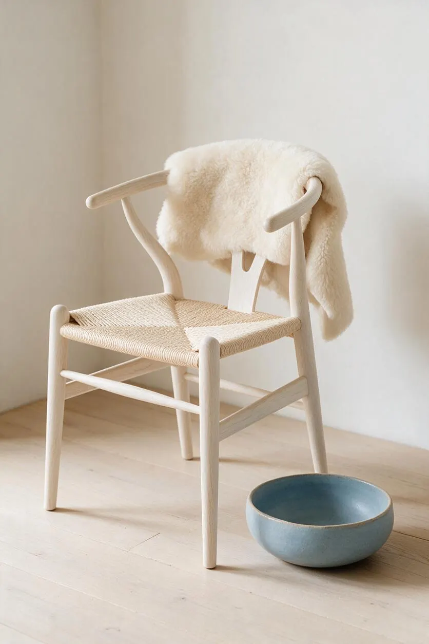 A light wood Scandinavian-style chair with a woven natural fiber seat sits on pale wooden flooring against a white wall. A cream sheepskin throw is draped over the curved backrest, and a small blue ceramic bowl rests on the floor beside it.