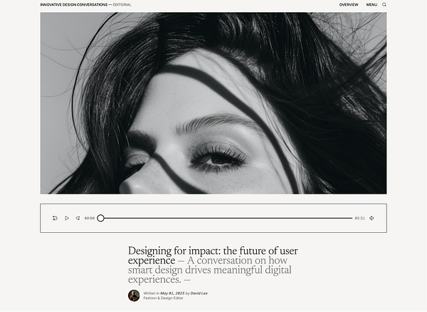 A monochrome editorial layout featuring a close-up of a woman's face with artistic shadows and a podcast interface below.