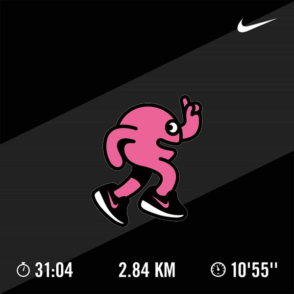 A silhouette of a lone runner moves through a dense forest at sunrise with birds flying overhead and the sky vibrant with hues of pink and orange.