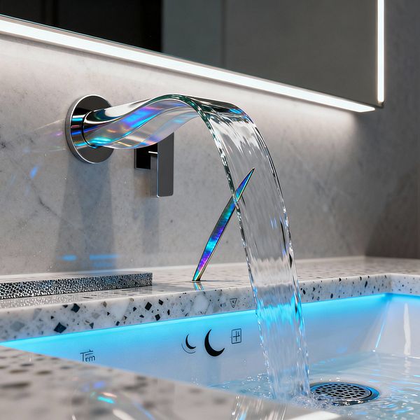 A close-up of a futuristic bathroom vanity shows a wall-mounted waterfall faucet with a twisted, iridescent glass spout and matching slender control, delivering a sheet of water into a glossy white basin. The sink is set in a speckled white terrazzo countertop, with cyan LED illumination along the inner rim, a circular perforated drain, and minimal black icons; a marble-look backsplash and a backlit mirror create a cool, refined atmosphere.