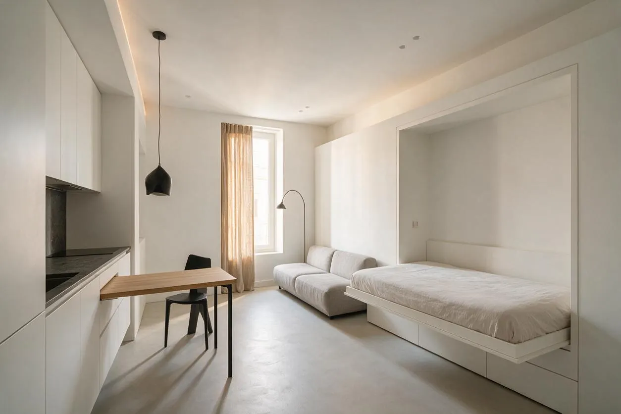 A bright minimalist studio apartment with white built-in cabinets and a compact kitchen on the left, a small wood dining table with a black chair in the center, and a low bed tucked into a recessed alcove on the right. A light gray sofa, black pendant light, and sheer curtains at the window soften the clean, neutral space.