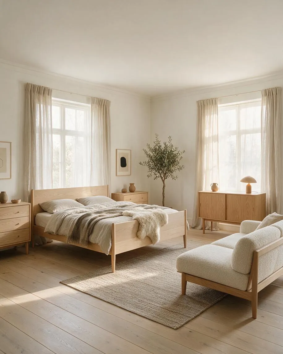 A bright Scandinavian-style master bedroom with a light wood bed, matching dressers, and a cream upholstered bench. Sheer curtains filter daylight through large windows, while soft neutral bedding, a woven area rug, and a potted tree add warmth and texture.