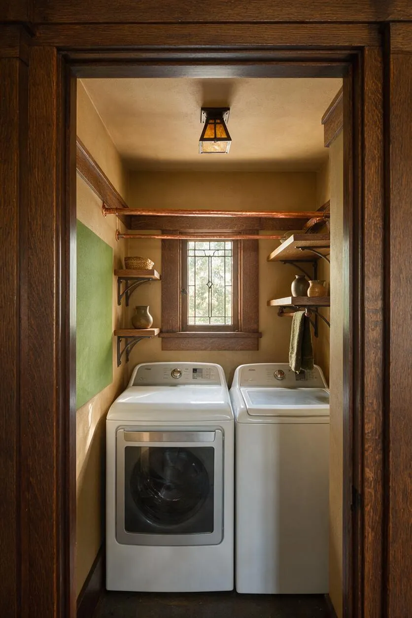 A narrow Craftsman-style laundry room with a front-load washer and top-load washer side by side beneath a small leaded-glass window. Dark wood trim, copper hanging rods, floating wood shelves, and warm beige and green walls create a cozy, traditional look.