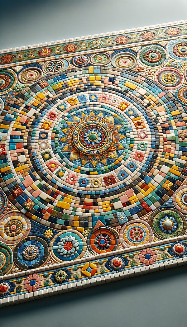 A close-up image of colorful mosaic tiles arranged in a geometric pattern on a bathroom wall, showcasing a variety of shapes and colors, with emphasis on the detailed craftsmanship.