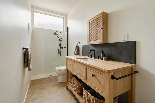 A narrow master bathroom with a light oak vanity, black faucet hardware, and a dark stone backsplash. A glass shower enclosure with a rainfall showerhead sits beside a toilet, while woven baskets and a cane-front wall cabinet add natural texture.