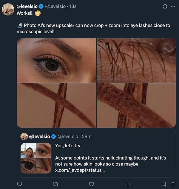 The image features a close-up view of an eye and eyelashes, demonstrating the capabilities of a photo AI upscaler.