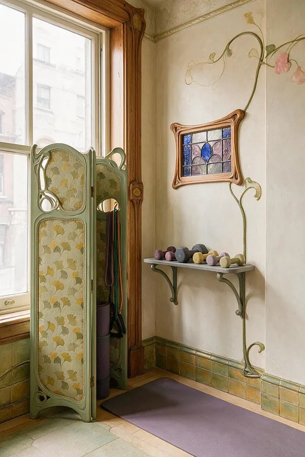 A small home gym corner with an ornate mint-green folding screen, a purple yoga mat on the floor, and a wall shelf holding pastel dumbbells. The cream walls feature flowing vine-like Art Nouveau trim, a small stained-glass window, and warm wood window framing.