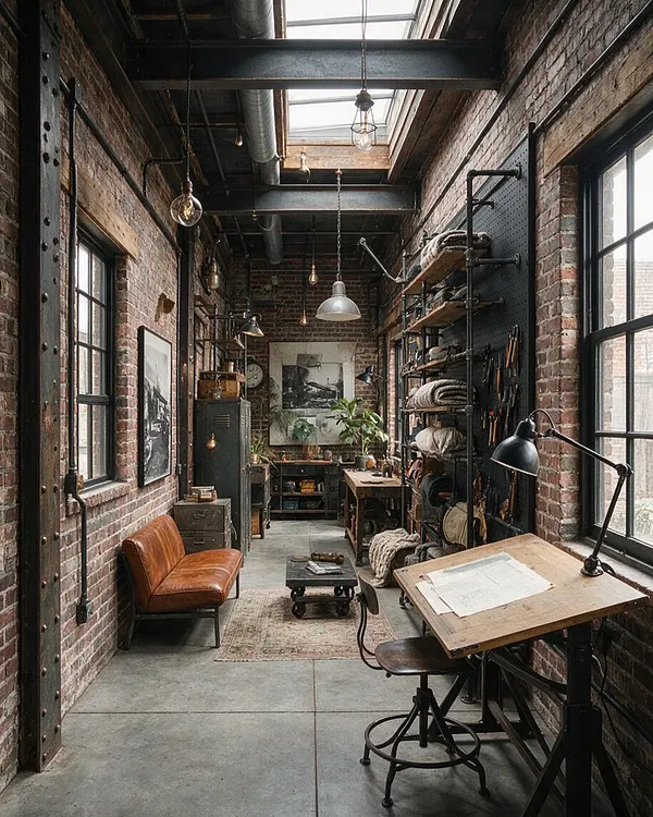 A narrow industrial-style backyard studio or workspace with exposed brick walls, black steel beams, large grid windows, and a skylight overhead. The space includes a tan leather bench, wooden worktables, metal shelving, hanging pendant lights, and a concrete floor, creating a rugged, functional atmosphere.